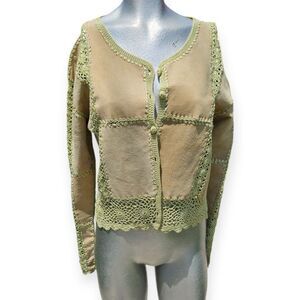 Vintage Kroshetta Leather Patchwork Crochet Cardigan Y2K Beige Green
